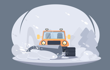 Process of snow removal from road. Winter highway service. Flat vector illustration. Sidewalk clearing plow © Ilya_kovshik