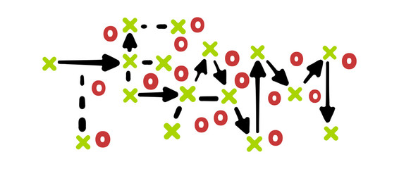 Team strategy concept vector with red and green marks on white tactic board