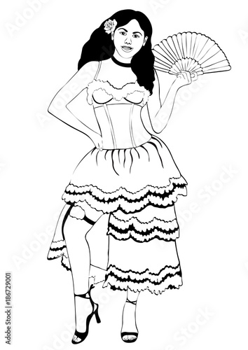 Girl In Spanish National Costume Vector Outline Portrait Black