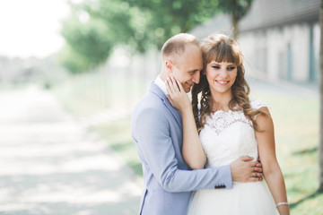 Fototapeta premium Perfect couple bride, groom posing and kissing in their wedding day