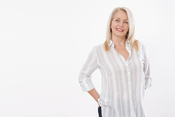 Friendly smiling middle-aged woman isolated on white background