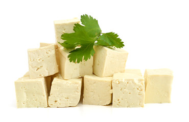 Fresh Tofu cubes and mint isolated on white