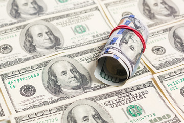 Fototapeta premium The pack of dollars is twisted into a roll