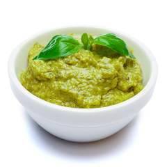 Pesto Sauce with Basil on White Background Studio shot