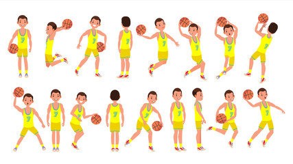 Basketball Male Player Vector. Yellow Uniform. Playing With A Ball. Healthy Lifestyle. Team Action Stickers. Cartoon Character Illustration