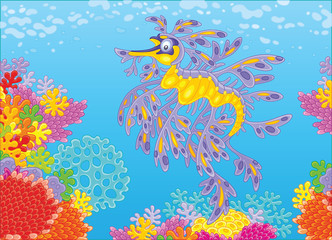 Fototapeta na wymiar A leafy sea dragon swimming in blue water over a colorful coral reef in a tropical sea, a vector illustration in cartoon style