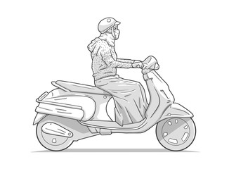 Isolated illustration of woman riding moped, motorcycle from side view in black and white grey scale