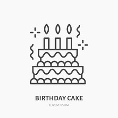 Birthday cake line icon. Vector logo for bakery, party service. Tasty torte thin linear symbol for event agency. Linear illustration of dessert.