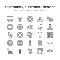 Electricity engineering vector flat line icons. Electrical equipment, power socket, torn wire, energy meter, lamp, multimeter Electrician services signs house repair illustration. Pixel perfect 64x64.