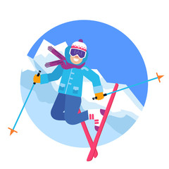 Jumping happy skier in the mountains vector illustration. Smiling skiing sportsmen character isolated