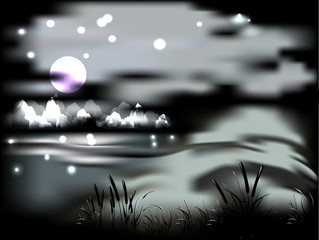 Night landscape with moon and mountains