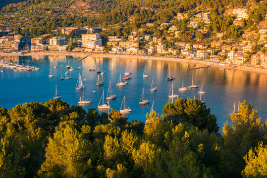 Boats and Marina in Port de Soller Mallorca Spain around sunset