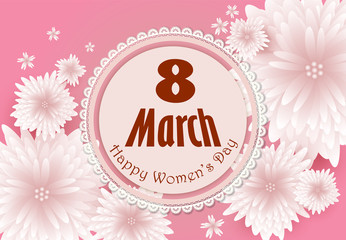 Happy Women's Day greeting paper art background. Pink flower with frame paper cut style background