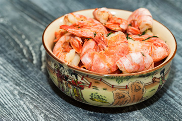 Freshly cooked shrimps in bowl