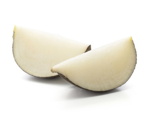 Two black radish slices isolated on white background.