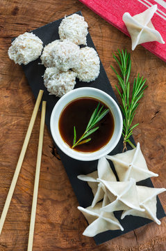 Dim sum - chinese chicken dumplings and coconut coated prawn snowballs with reach soy dip.