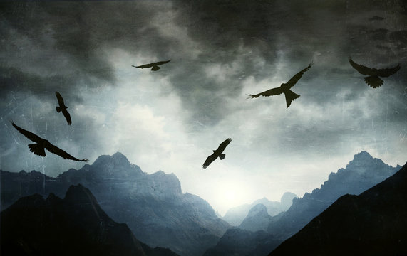 Gothic landscape mountain range with hawks