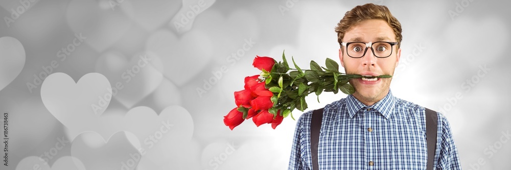 Canvas Prints Valentines man with roses and love hearts background