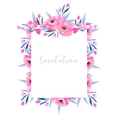 Fototapeta na wymiar Watercolor pink poppies and floral branches frame border, hand drawn on a white background, invitation and other greeting cards 