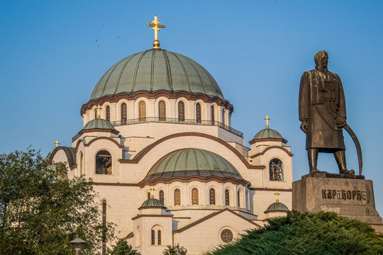 Belgrade, Serbia July 07, 2014: Church of Saint Sava & Monument to Karadjordje