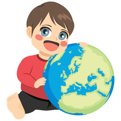 Baby boy holding Earth globe love environment ecology concept