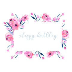 Watercolor pink poppies and floral branches frame border, hand drawn on a white background, birthday and other greeting cards 