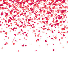 Fototapeta na wymiar Heart confetti. Valentines, Womens, Mothers day background with falling red and pink paper hearts, petals. Greeting wedding card. February 14, love.White background.