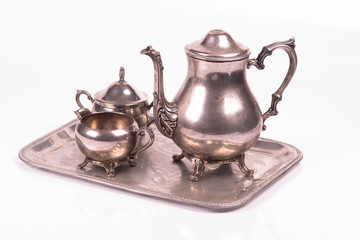 art deco silver sugar bowl and teapot on a tray