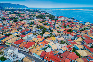 Sailboats in the marina and the city of Lefkada island, Greece