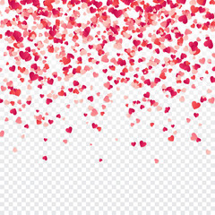 Heart confetti. Valentines, Womens, Mothers day background with falling red and pink paper hearts, petals. Greeting wedding card. February 14, love.Transparent background.