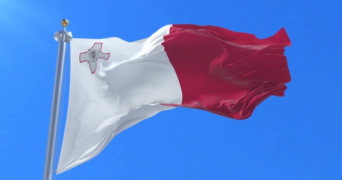 Flag of Malta waving at wind with blue sky in slow, loop