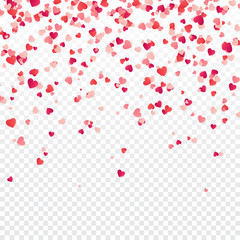 Heart confetti. Valentines, Womens, Mothers day background with falling red and pink paper hearts, petals. Greeting wedding card. February 14, love.Transparent background.