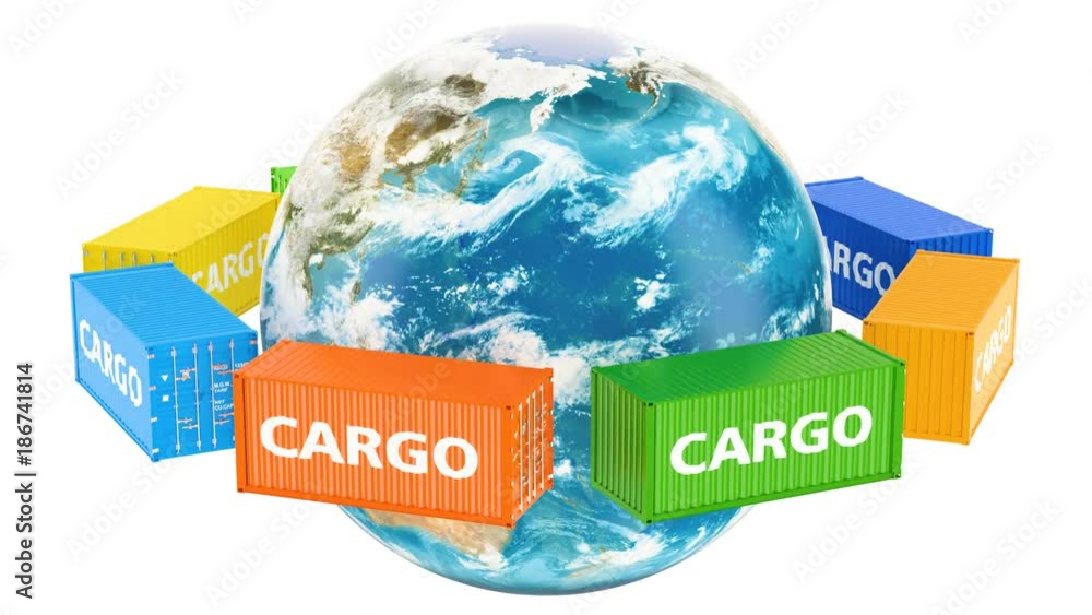 Poster rotating earth globe with cargo containers. global cargo shipping concept, 3d rendering isolated on 