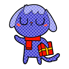 cute cartoon dog with christmas present