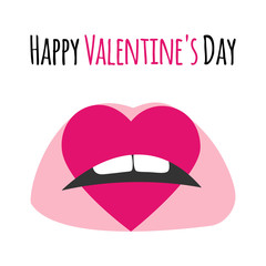 Pink lips with print of heart. Happy Valentine's Day lettering text card, background, banner. Pink kiss cartoon sexy lips icons for Valentines day. Valentine lips, heart, vector illustration