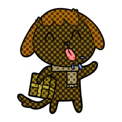 cute cartoon dog with christmas present