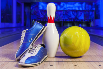shoes, bowling pin and ball for bowling game