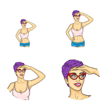 Set of vector pop art round avatar icons for users of social networking, blogs, profile icons isolated. Purple short hair girl in glasses summer clothing waiting, covering face from bright sun by hand