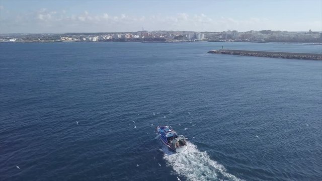 flying over a fishing boat followed by seagulls. Drone aerial 4k shot
