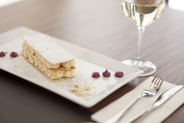 Millefeuille, french pastry on the table at the restaurant