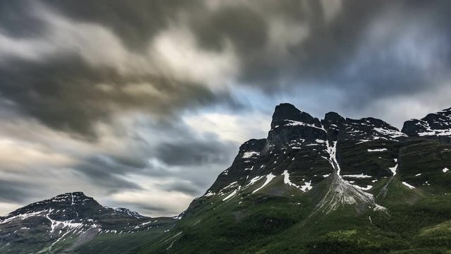 Low angle timelapse, scenic mountains in Norway