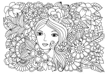 Vector flowers doodle and girl in black and white