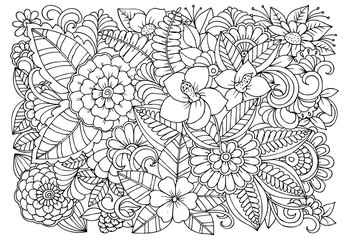 Black and white flower pattern for adult coloring book. Doodle floral drawing. Art therapy coloring page.