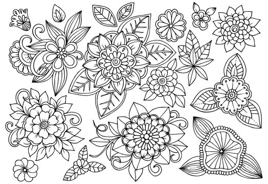 Set of black and white flowers for adult coloring book. Vector