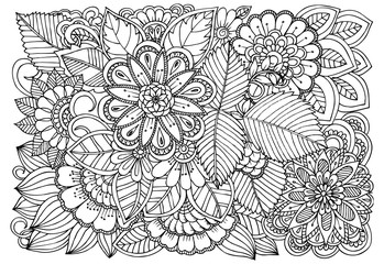 Black and white flower pattern for adult coloring book. Doodle floral drawing. Art therapy coloring page.