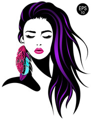 Woman. Vector portrait of pretty girl with color feathers