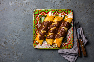 Mexican cuisine. Traditional Mexican chicken enchiladas with spicy chocolate salsa mole poblano....