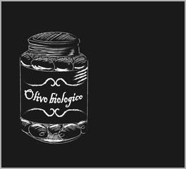 Jar of olives in chalk on a blackboard.