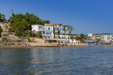 Fototapeta na wymiar Zakynthos resort landscape with hotels near blue sea