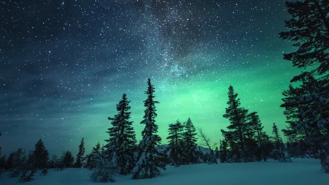 Northern lights over snowy forest in Finland, timelapse